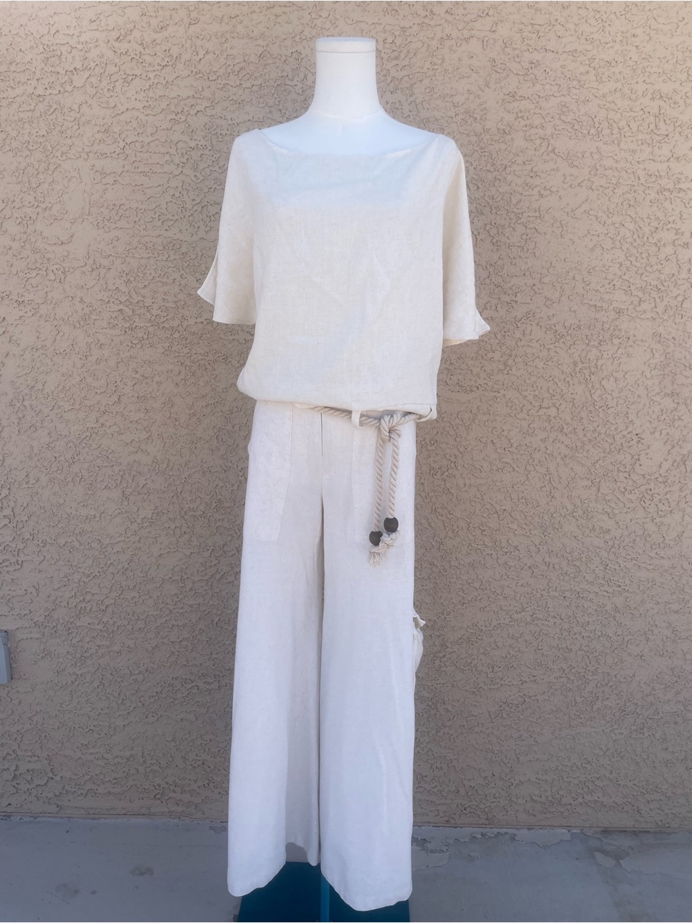 Wassa Linen Blend 2-Piece Set Ivory Off-Shoulder Wide Leg Pants M